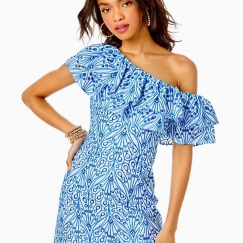 Lilly Pulitzer Blue and White Asymmetrical Ruffled One Shoulder Dress